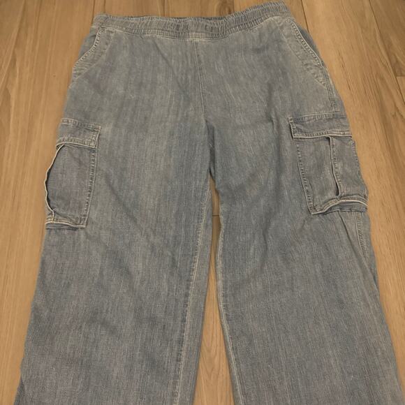 James Perse Los Angeles Denim Cargo Pants Women’s Sz 4 / 36 Blue Elastic Waist - Picture 2 of 8